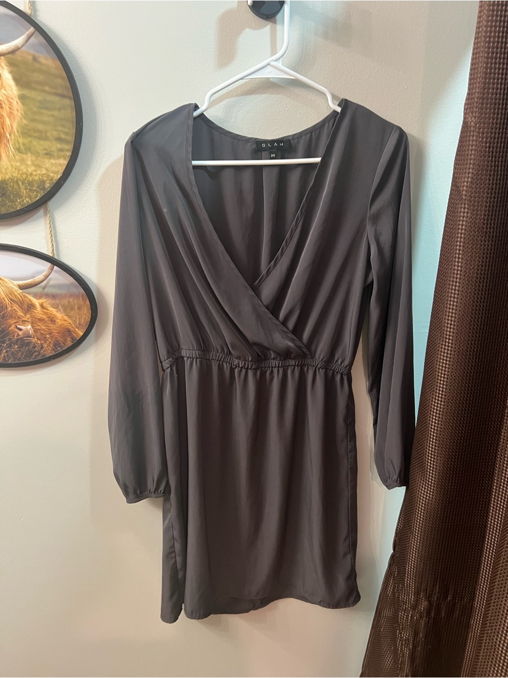 glam Charcoal Gray Long Sleeve Wrap Dress